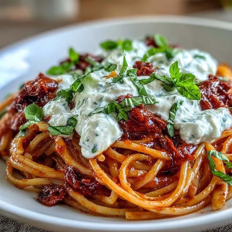 Creamy Red Pepper Pasta with Burrata & Herbs plated, garnished with fresh basil, perfect for a vegetarian dinner.