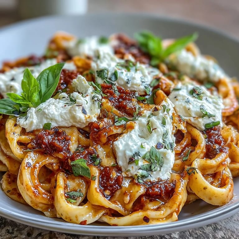 Overhead view of Creamy Red Pepper Pasta with Burrata & Herbs, served warm in a shallow bowl.