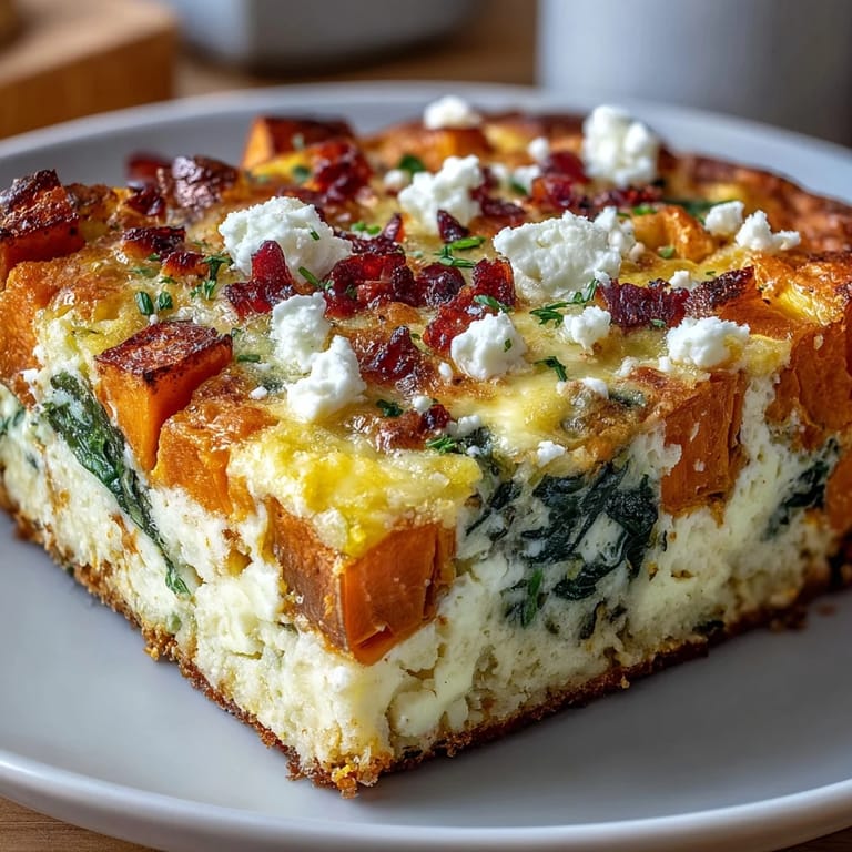 A hearty slice of Easy Sweet Potato Egg Casserole showing fluffy eggs, cheddar, and tender sweet potatoes.