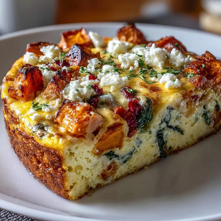 Easy Sweet Potato Egg Casserole plated with fresh spinach and peppers, perfect for a vegetarian gluten-free meal.