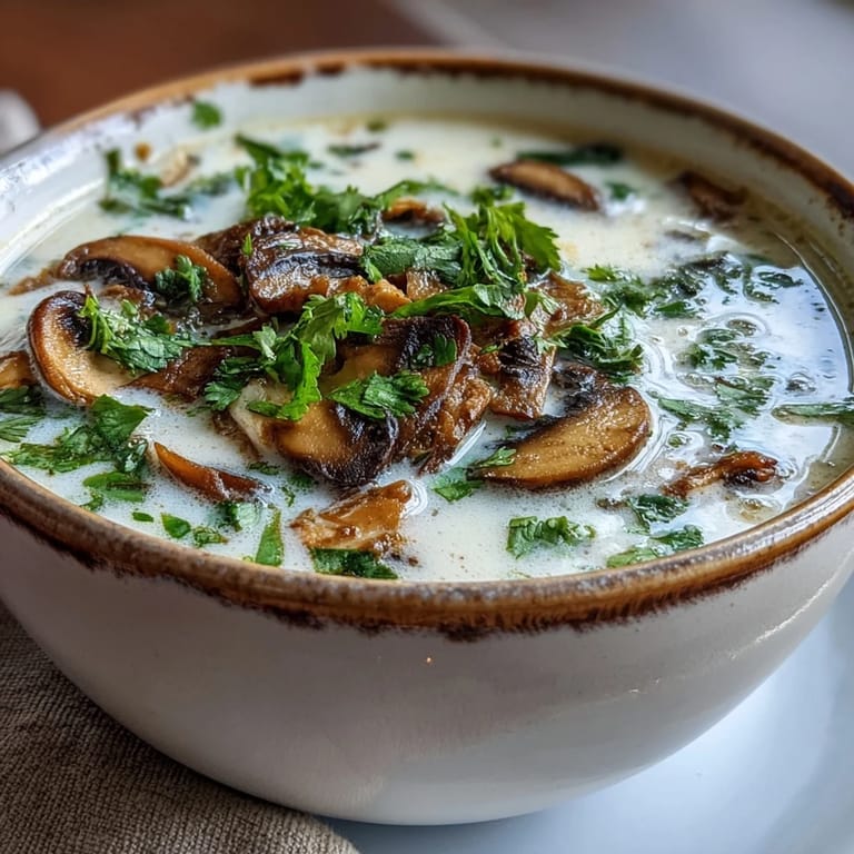 Tom Kha soup with lemongrass and galangal, topped with fresh cilantro and lime wedges on a spoon.
