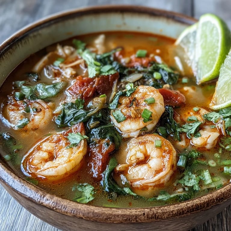 Spicy and sour Tom Yum Soup garnished with sliced chiles, lime wedges, and green onions.