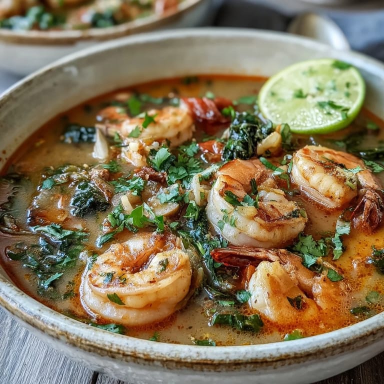 Hot Tom Yum Soup in a rustic bowl with shrimp, tomatoes, and kaffir lime leaves.