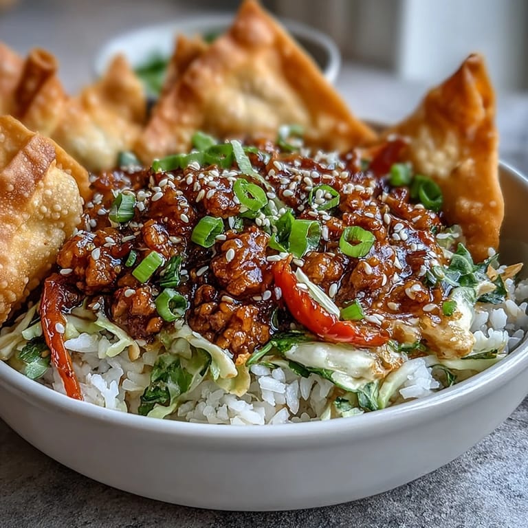 Fluffy white rice serves as the base for a colorful, deconstructed egg roll mixture topped with crunchy baked wontons.