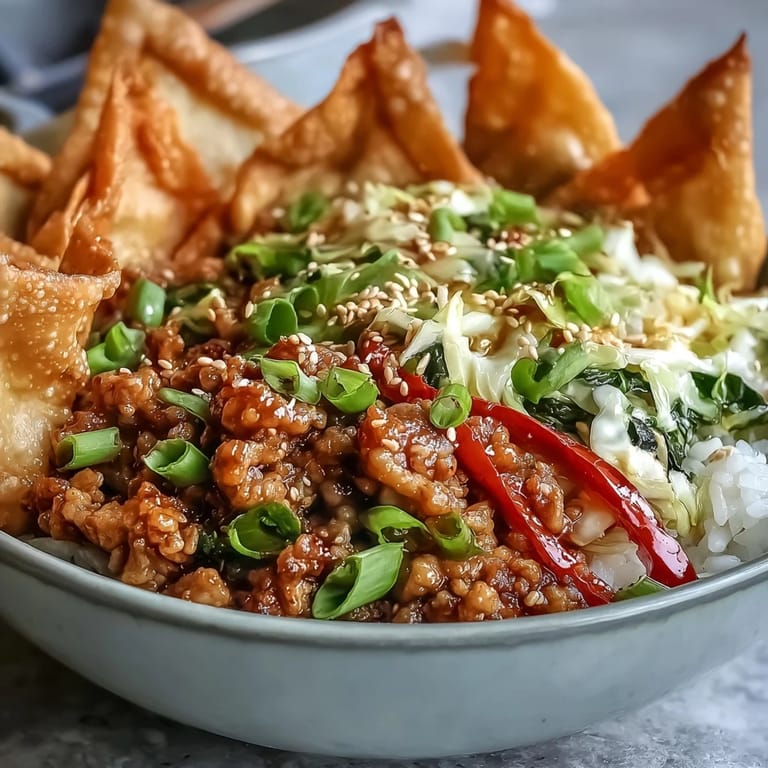 Savory ground chicken and crunchy vegetables are served over fluffy rice with crispy baked wonton strips and fresh green onions.