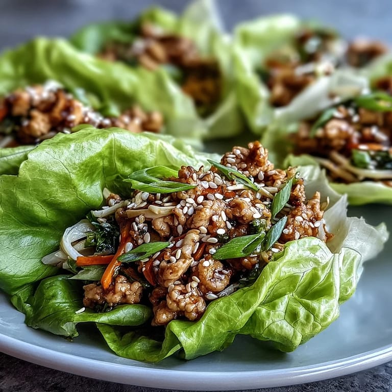 Ready to eat Potsticker Noodle Lettuce Cups garnished with scallions, perfect for a low-carb, handheld weeknight family dinner.