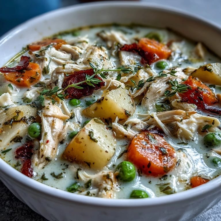 A hearty Creamy Chicken Pot Pie Soup with shredded chicken and vegetables in a rich broth.