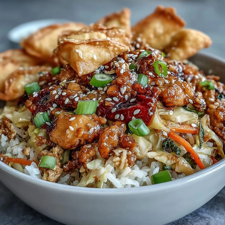 A hearty serving of Crispy Baked Egg Roll Chicken Bowls with savory ground chicken, crunchy cabbage, and a drizzle of chili sauce.