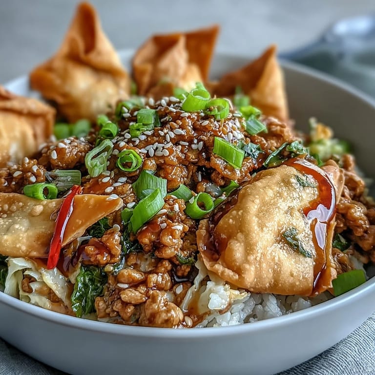 Close-up view of Crispy Baked Egg Roll Chicken Bowls featuring tender chicken, shredded carrots, and crispy wonton strips in a ceramic bowl.