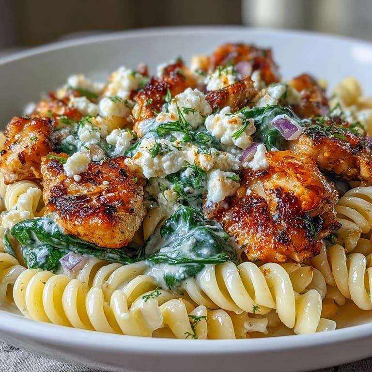 A serving of Greek Chicken Feta Pasta Skillet topped with fresh parsley and lemon wedges beside a glass of white wine. 
