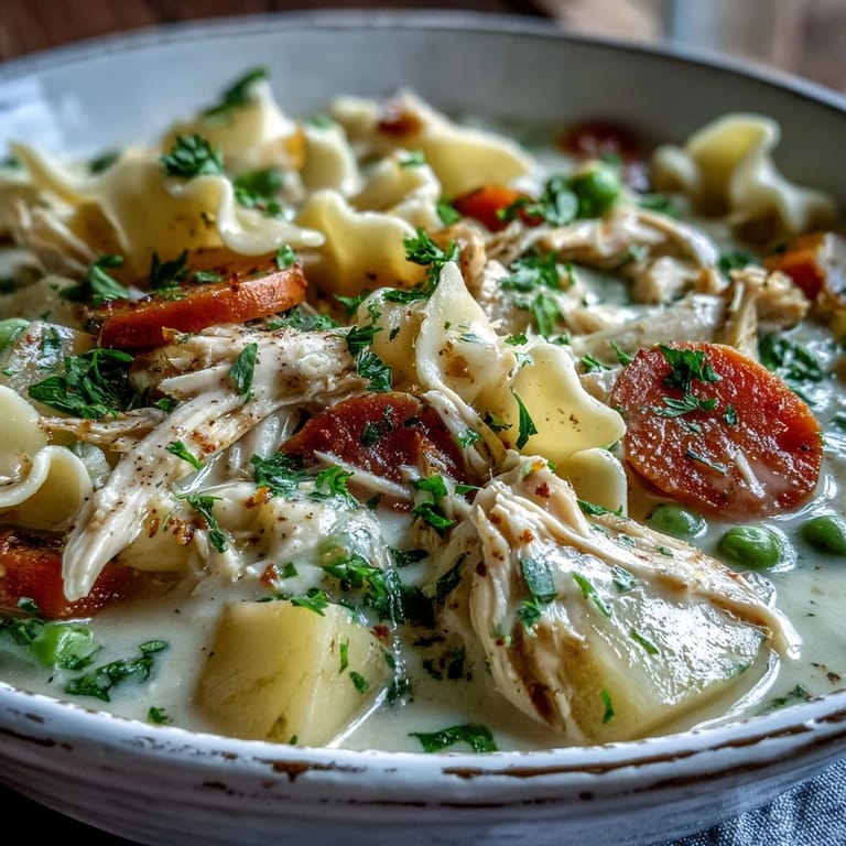 A close-up of Creamy Chicken Pot Pie Soup showing shredded rotisserie chicken, peas, and diced carrots in a thick, creamy broth.
