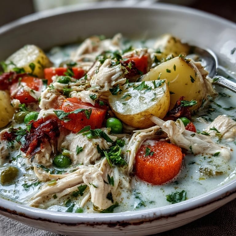 Ladle of Creamy Chicken Pot Pie Soup being served into a rustic bowl, ready for a comforting family dinner.