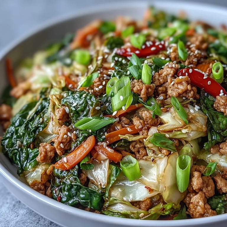 A close-up of the High-Volume Cabbage and Turkey Stir-Fry in a skillet, featuring vibrant orange carrots and red bell peppers mixed with shredded green cabbage and browned turkey, garnished with toasted sesame seeds and fresh green onions.