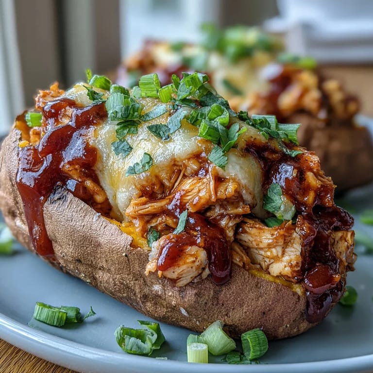Easy gluten-free honey BBQ chicken stuffed sweet potatoes served hot with melty cheese and colorful garnishes.