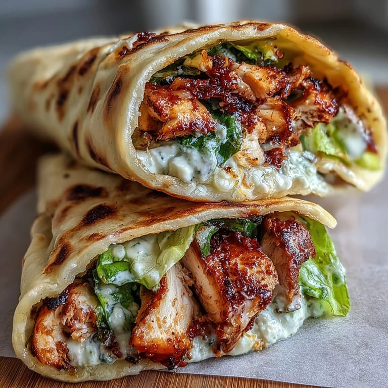 Golden garlic naan is brushed with butter and charred, filled with savory grilled chicken Caesar salad, then rolled for an easy handheld dinner or game day meal.