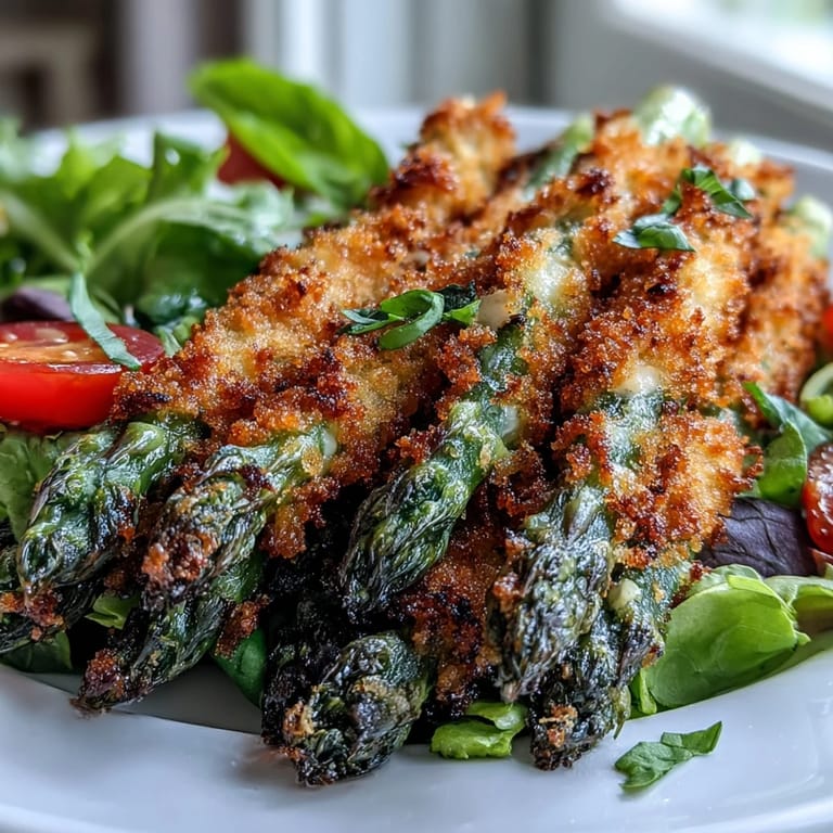 Crispy Parmesan Asparagus Chicken Salad plated with fresh salad greens, cherry tomatoes, and a drizzle of zesty lemon dressing.