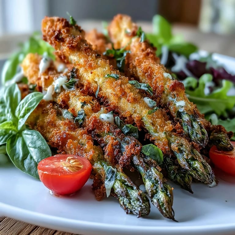 A plated serving of Crispy Parmesan Asparagus Chicken Salad features crunchy asparagus, tender shredded chicken, and fresh basil leaves on vibrant greens.