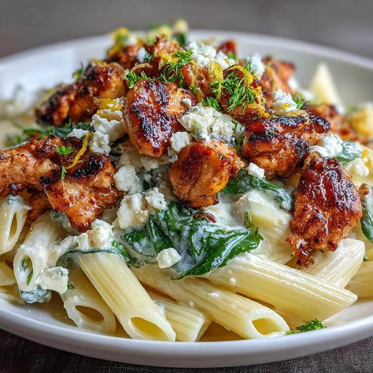 Golden penne pasta with sautéed chicken and crumbled feta, served warm in a cast-iron skillet for an easy weeknight dinner.