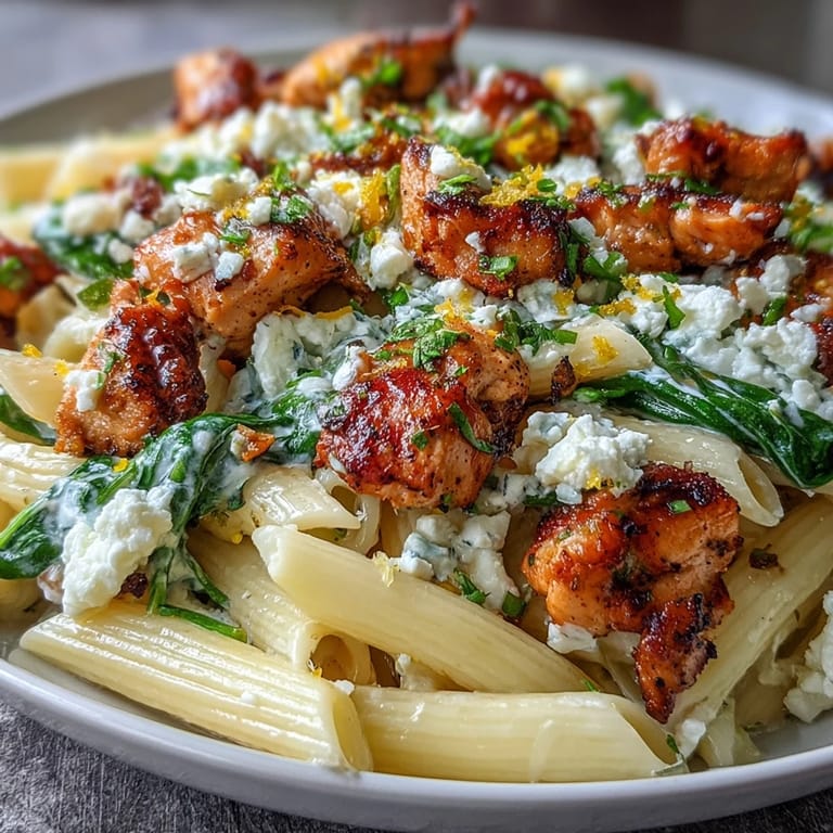 Fresh spinach and tangy feta stirred into a Greek yogurt sauce, garnished with lemon zest, ready to serve with crusty bread.