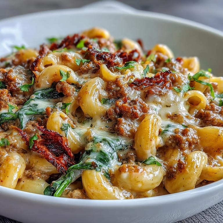 Close-up of Creamy Tuscan Chili Mac showcasing steam rising from the hearty Italian-American beef and pasta fusion dish.