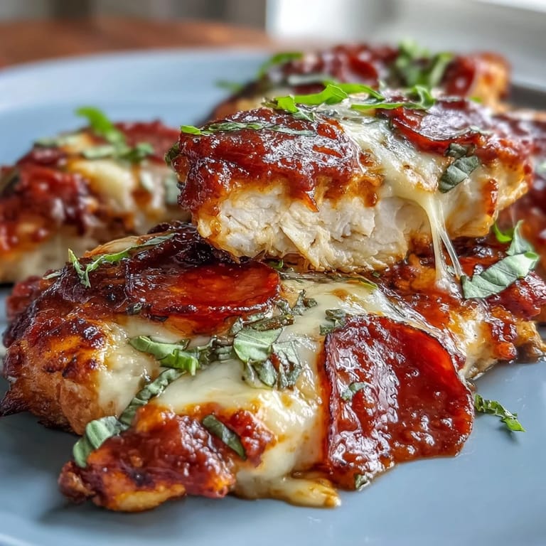 Juicy seared chicken breasts are topped with marinara, mozzarella, and pepperoni in this Keto Pepperoni Pizza Chicken Bake.