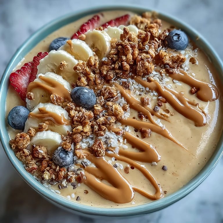 A vibrant, protein-rich smoothie bowl blending frozen bananas and peanut butter, finished with chia seeds and cacao nibs.