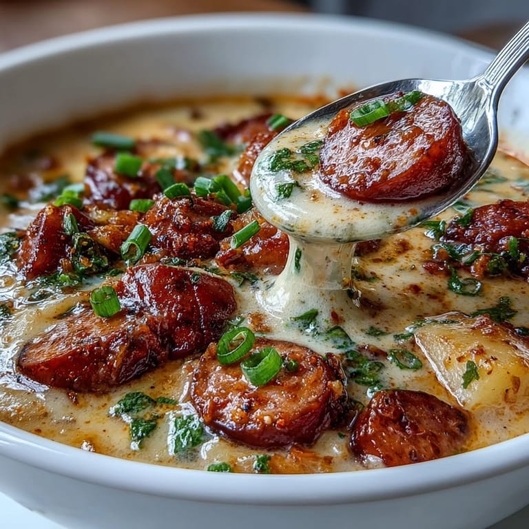 Hearty Cajun soup featuring tender potatoes, spicy andouille sausage, and a velvety cream base in a deep white bowl.  