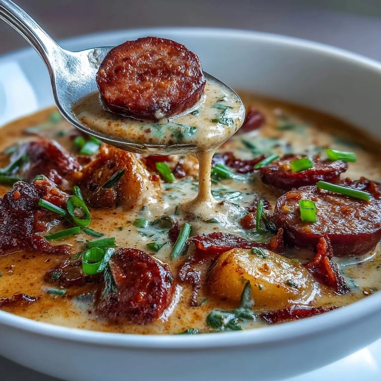Warm, spicy Cajun potato soup with andouille sausage, garnished with fresh chives and served alongside crusty bread.