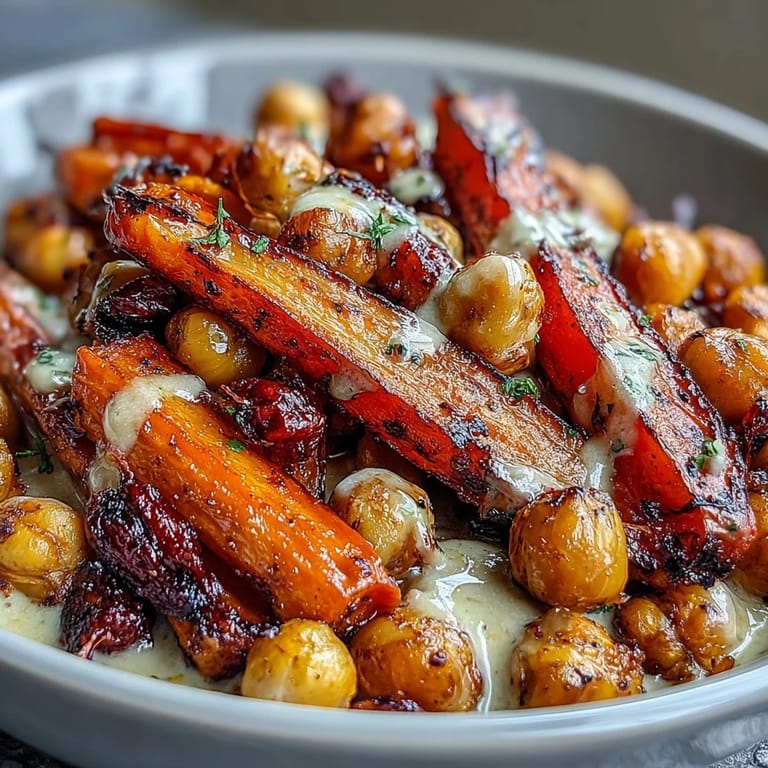 Wholesome one-pan dish of roasted carrots and chickpeas, topped with a silky lemon-tahini dressing, perfect for a nourishing, easy dinner.