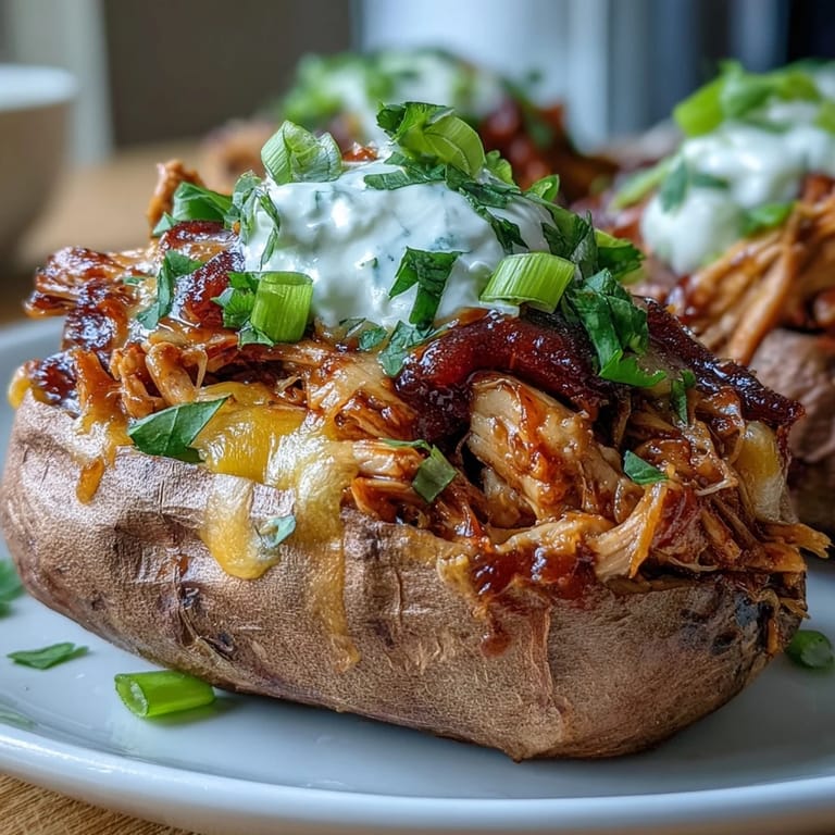 Savory honey BBQ chicken nestled in fluffy sweet potato boats, garnished with vibrant herbs and tangy red onion slices.