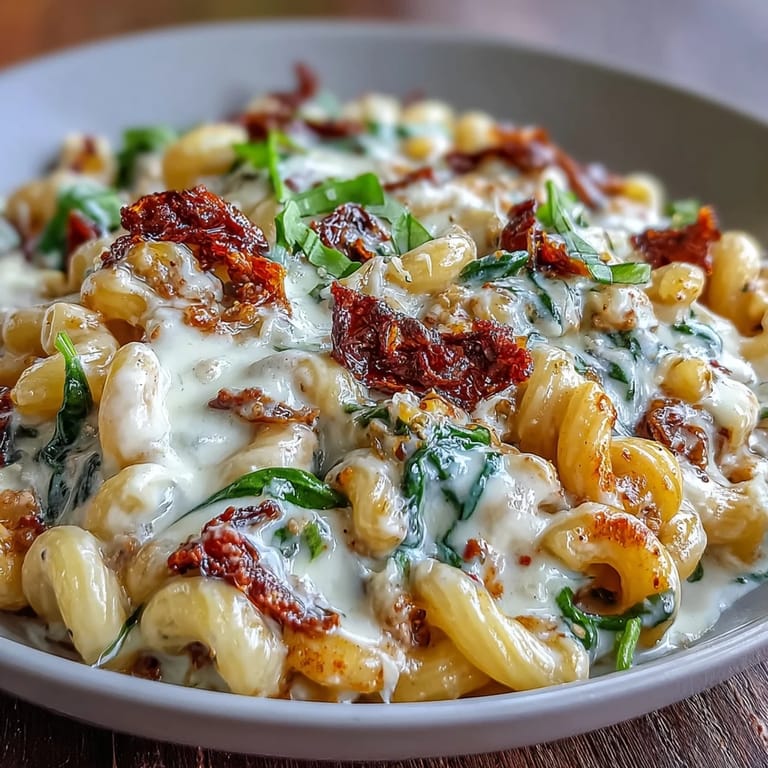 Comforting Creamy Tuscan Chili Mac served hot with melted mozzarella and fresh spinach in every bite.