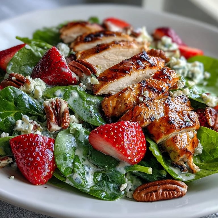 Vibrant grilled chicken and strawberry spinach salad topped with creamy poppy seed dressing and crunchy toasted pecans.