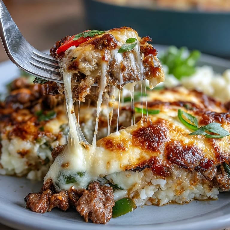 Hearty Philly cheesesteak flavors transformed into a keto-friendly casserole with cauliflower rice, beef, veggies, and melted provolone and mozzarella.