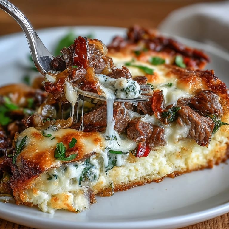 Savory low-carb casserole featuring tender beef, sautéed peppers, onions, and creamy cauliflower rice, all under a blanket of gooey cheese.