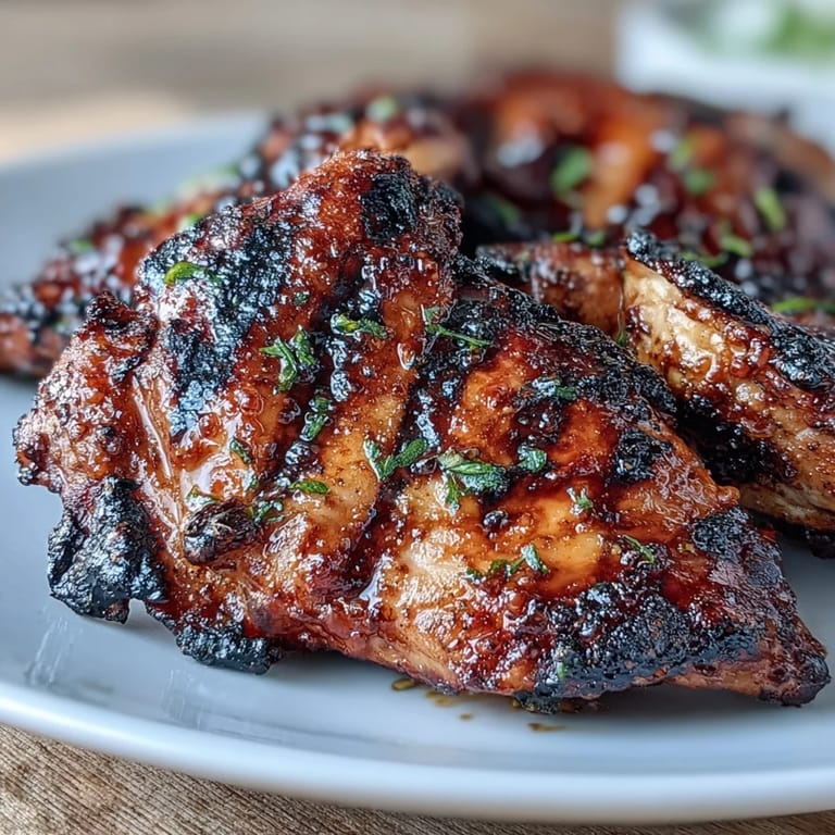A close-up of tender honey mustard grilled chicken breasts served with oven-roasted sweet potato wedges, garnished with fresh parsley.