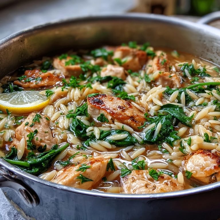 Tender chicken, zesty lemon, and garlicky orzo pasta simmered together with vibrant spinach for a comforting Mediterranean meal.  