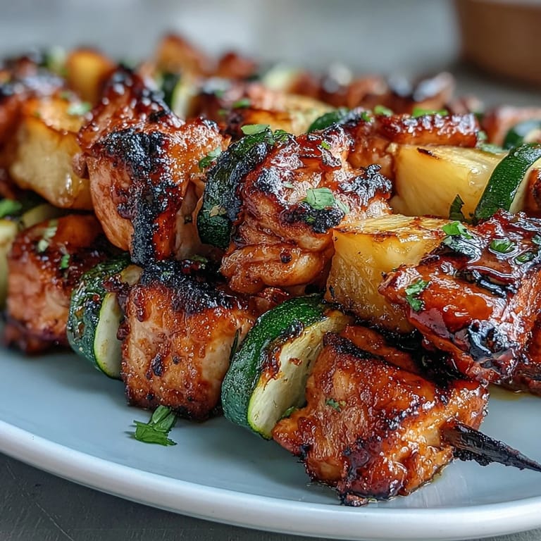 Sweet and tangy honey-lime grilled chicken skewers loaded with zucchini and pineapple, offering a bright, tropical flavor in every bite.