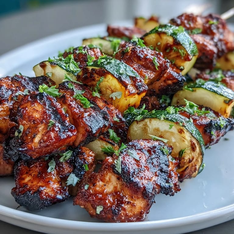 Colorful chicken skewers with zesty honey-lime marinade, paired with fresh zucchini and juicy pineapple, perfect for outdoor grilling.  