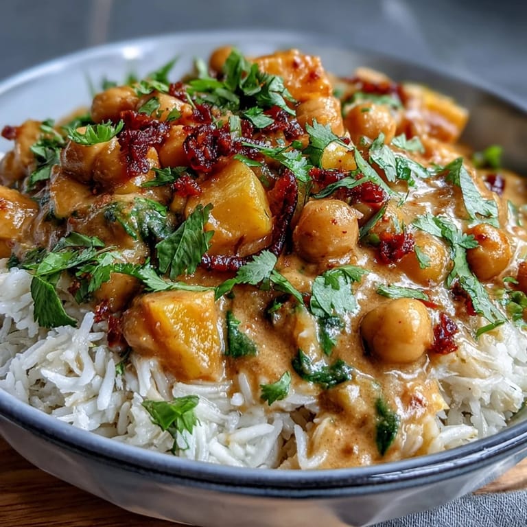 Tropical-inspired mango chickpea curry simmered in fragrant spices and coconut milk, paired with perfectly cooked rice for a flavorful vegan dinner.