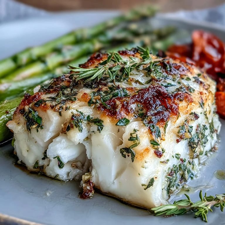 Healthy sheet pan meal featuring flaky cod topped with zesty lemon-herb marinade, paired with roasted asparagus spears and sweet cherry tomatoes straight from the oven.