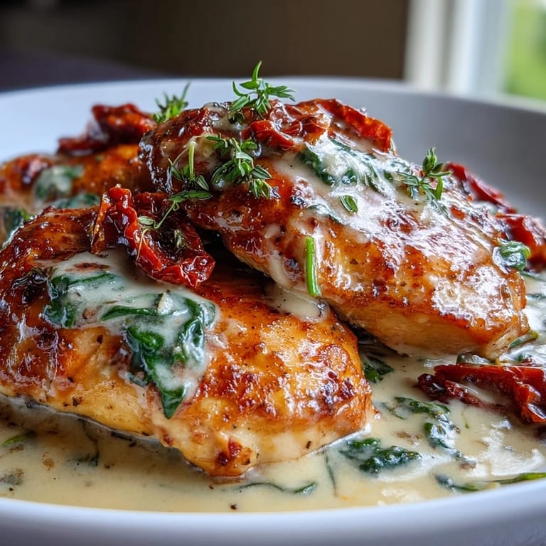 Juicy seared chicken breasts simmered in a luscious Parmesan cream sauce with spinach and tangy sun-dried tomatoes for a satisfying keto dinner.