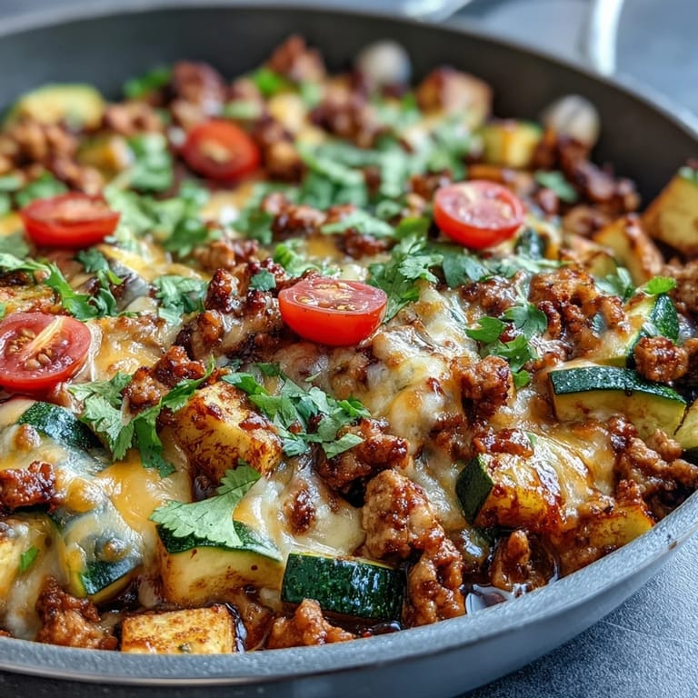 Healthy ground turkey taco skillet loaded with zucchini, bell peppers, and bold Tex-Mex spices for a light dinner.  