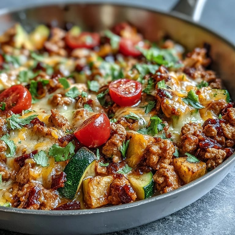 Easy turkey taco zucchini skillet recipe topped with cheddar, cilantro, and lime—perfect for quick gluten-free meals.
