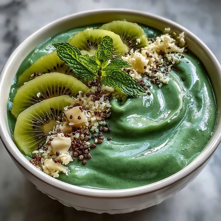 Creamy spinach and mango smoothie bowl blended with pineapple and banana, garnished with hemp seeds, granola, and a bright mango chia topping.