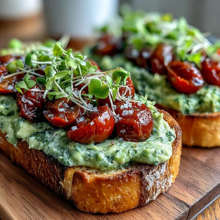 Creamy avocado pesto spread on golden sourdough toast, topped with juicy cherry tomatoes and fresh microgreens.