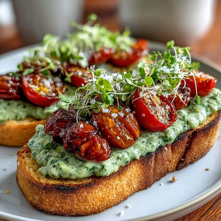 Rustic sourdough slices layered with vibrant avocado pesto, bright cherry tomatoes, and delicate microgreens for a nourishing breakfast.