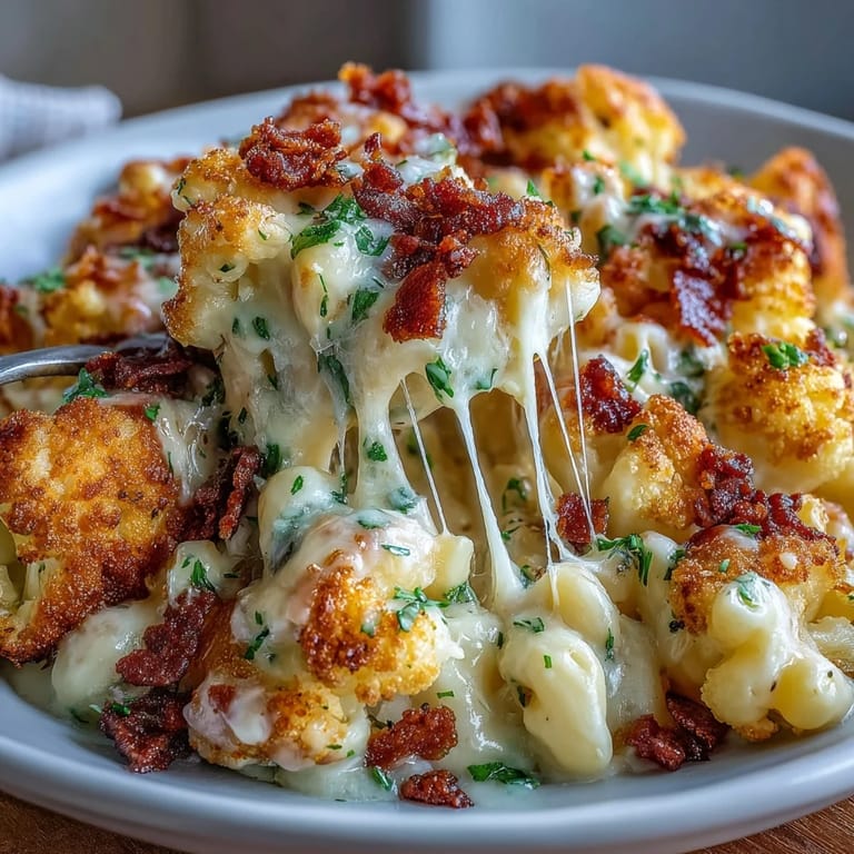 Low-carb comfort food featuring tender cauliflower smothered in rich cheddar and mozzarella cheese sauce with smoky bacon topping.  