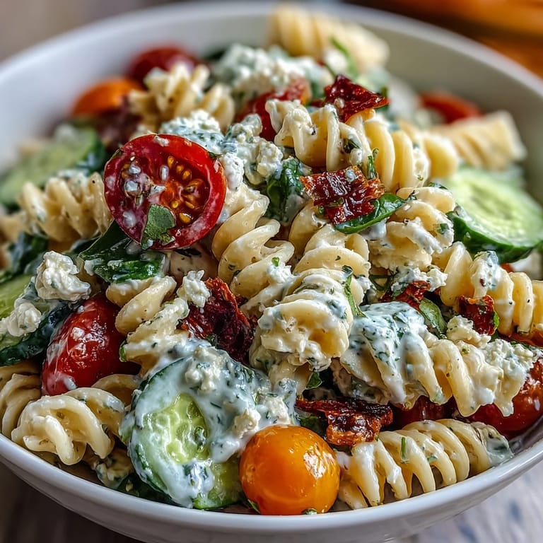 Protein-packed cottage cheese pasta salad featuring colorful vegetables and a zesty lemon-Dijon dressing, ideal for picnics or quick dinners.