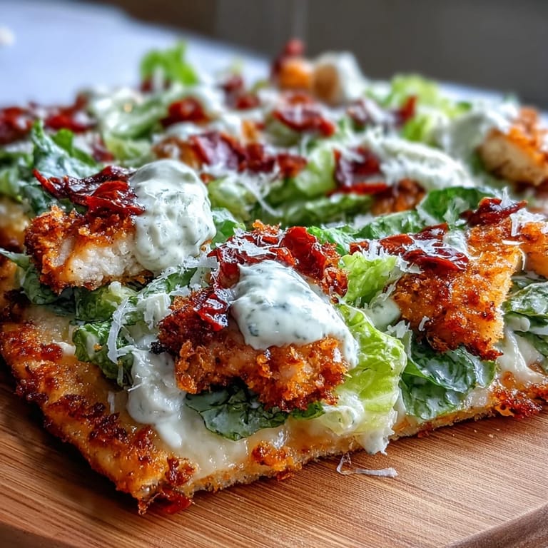Golden baked chicken crust pizza layered with crisp Caesar salad and flavorful Parmesan cheese.