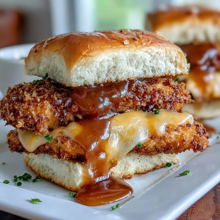 Crispy breaded chicken breast drizzled with sweet and tangy honey mustard sauce, served on soft slider buns with melted cheese. Ideal for game day or family meals.  
